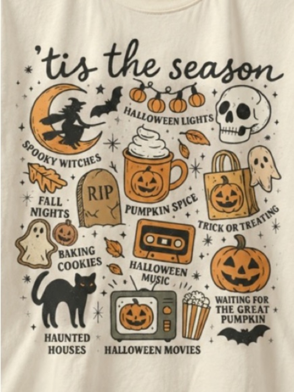 Off White 'Tis The Season Halloween Graphic Tee with Orange & Black Accents